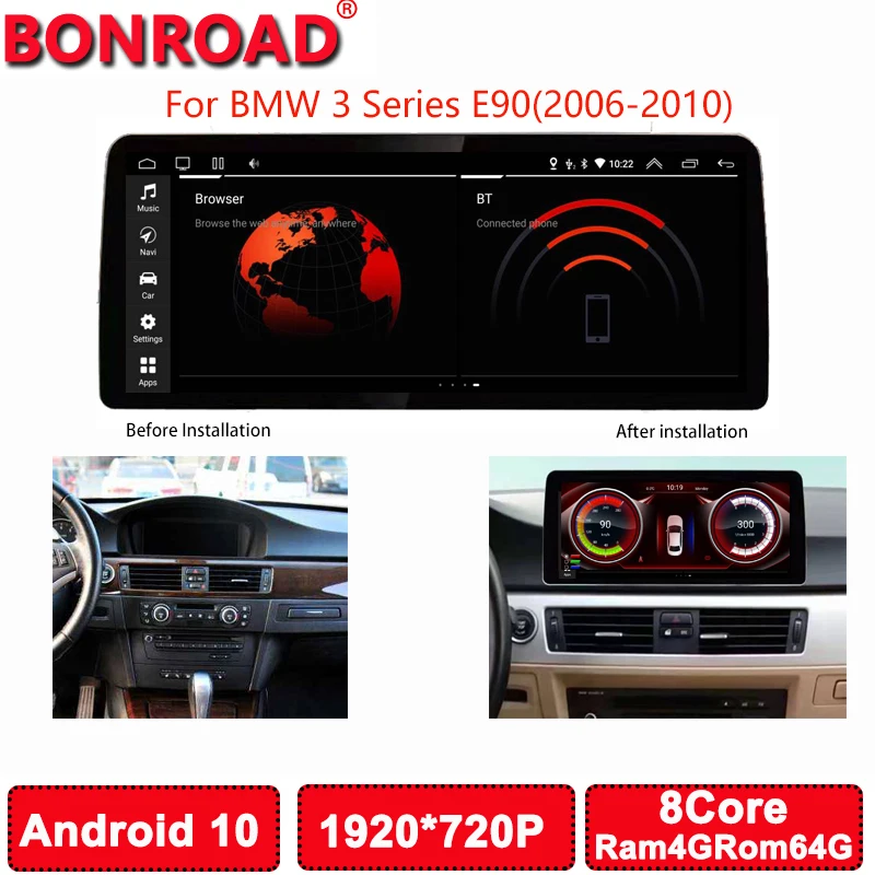 

Bonroad Android 10 автомобильный радиоприемник, мультимедийный плеер с GPS-навигацией, WIFI, 4G, CarplaySystem для BMW E90/E91 (2006-2010)CCC/CIC