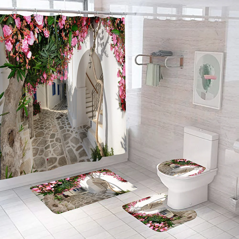 

180*180cm Romantic Street 3D Shower Curtain Non-Slip Rugs Toilet Lid Cover and Bath Mat Waterproof Bathroom Curtains Set