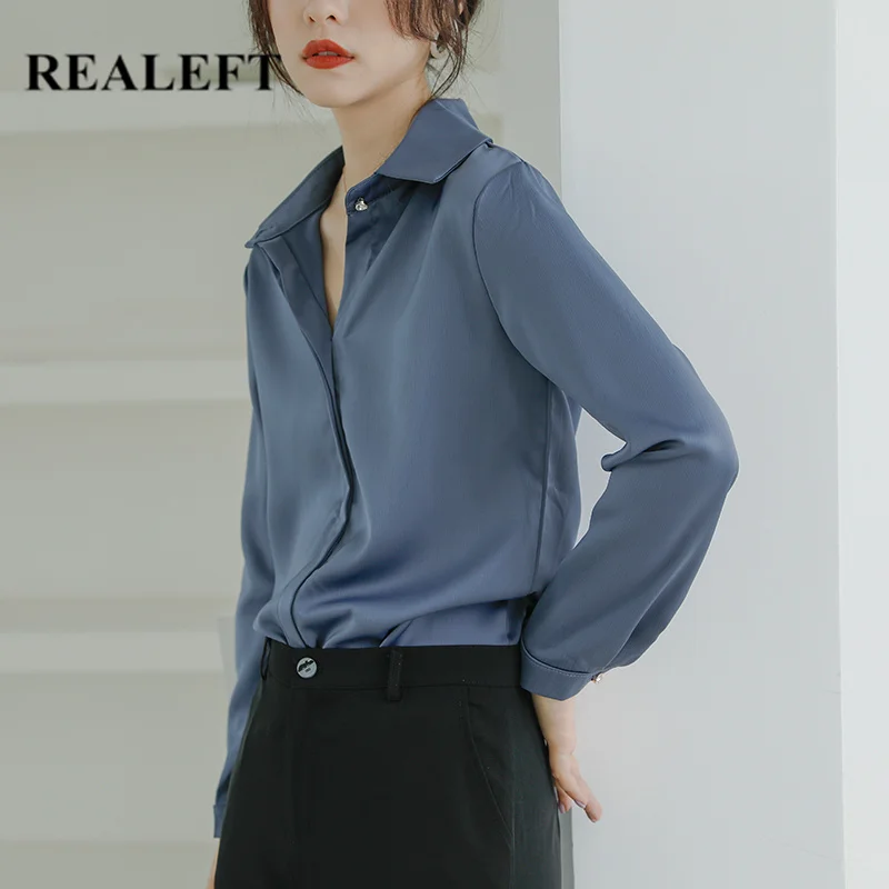 

REALEFT Autumn Stain Women's Blouse New 2020 Solid Multi Colors Lapel Single-breasted Elegant Casual Oversize Shirts Tops Female