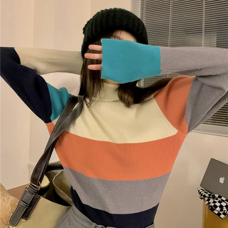 Пуловер Woherb в радужную полоску с воротником-хомутом женский корейский шикарный