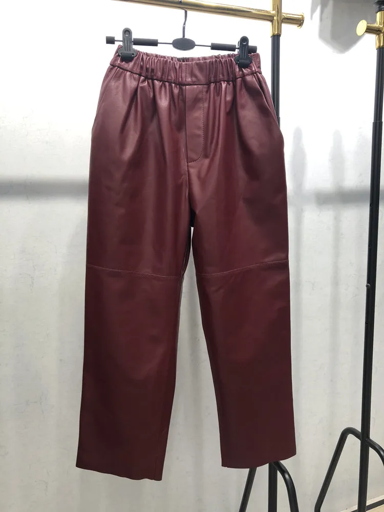 

Women Pants 100% Genuine Sheep Leather 2021 Fashion Real Genuine Sheep Leather Crop Jeans Elastic Belt Waist Trousers