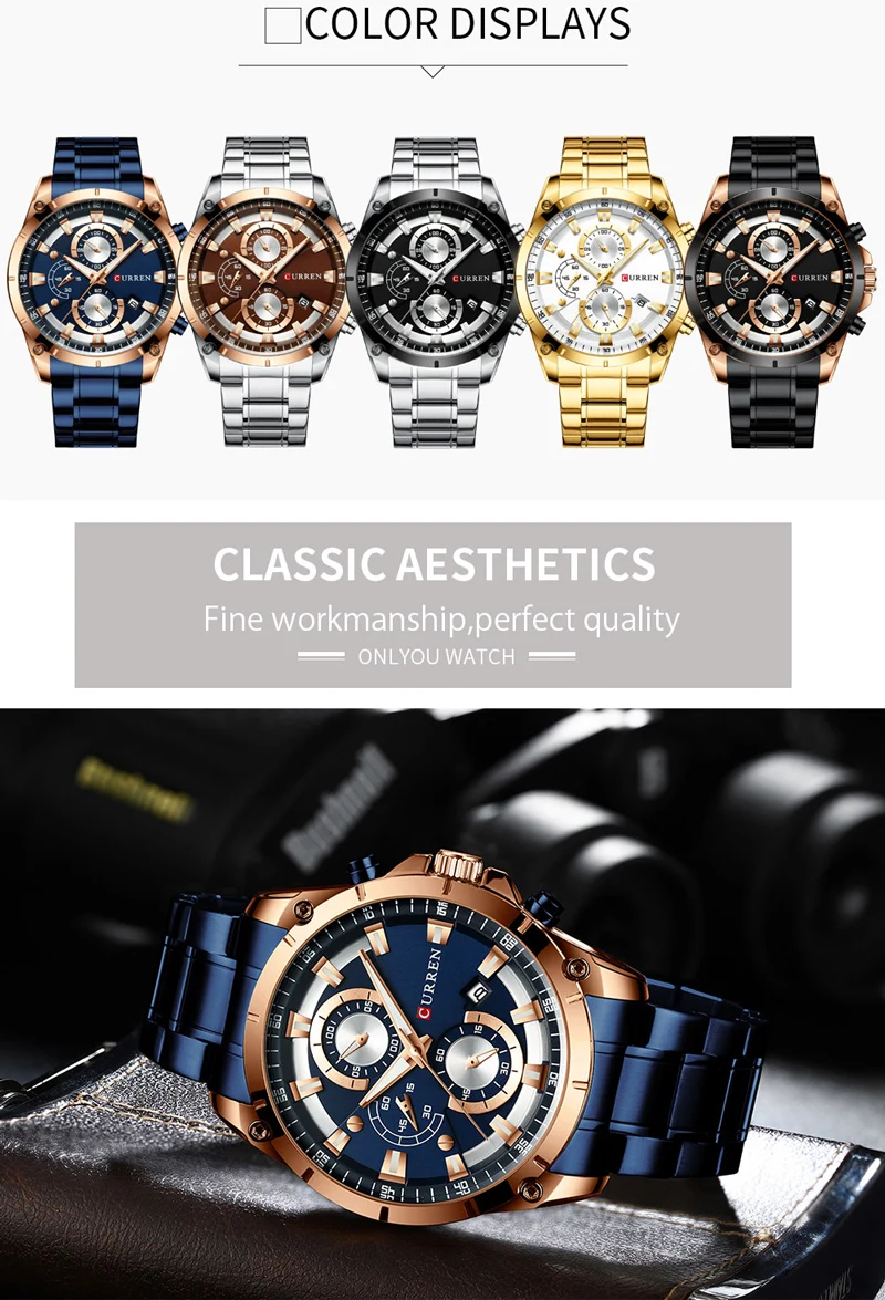 Часы наручные CURREN Мужские с хронографом спортивные армейские Роскошные Синие в