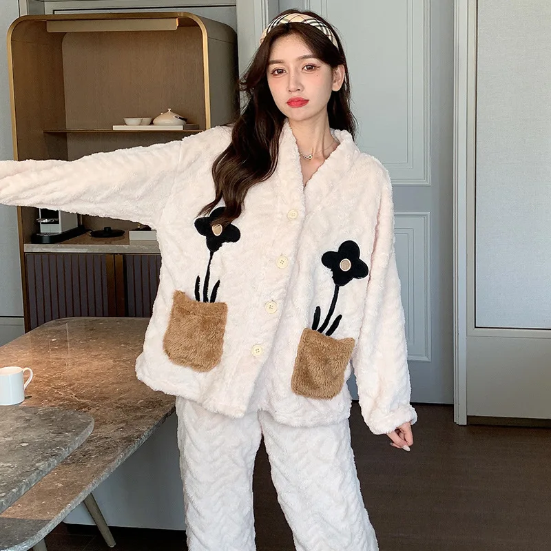 

Autumn Winter Thicken Warm 2PCS Pajamas Set Women's Lovely Floral Sleepwear Coral Velvet Casual Nightwear Comfort Home Wear