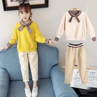 clothing set girls clothes plaid bow tie kids t shirts pants autumn girls tracksuit for children clothing sets 5 6 8 10 12 years