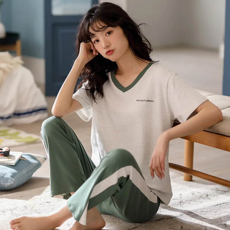New Summer Pajamas Women's Cotton Round Neck Pullover Short Sleeve Trousers Nightwear Home Wear Suit Sleepwear Cotton Pajama Set