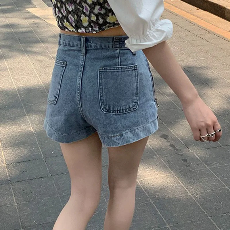

SeeBeautiful Sides Zipper Loose Denim Shorts High Waist Pockets Button Thin Simple New Fashion 2021 Summer Women E838