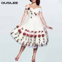 ouslee summer sexy off shoulders party dress women elegant patchwork mesh dresses femme embroidered floral dress female clothing