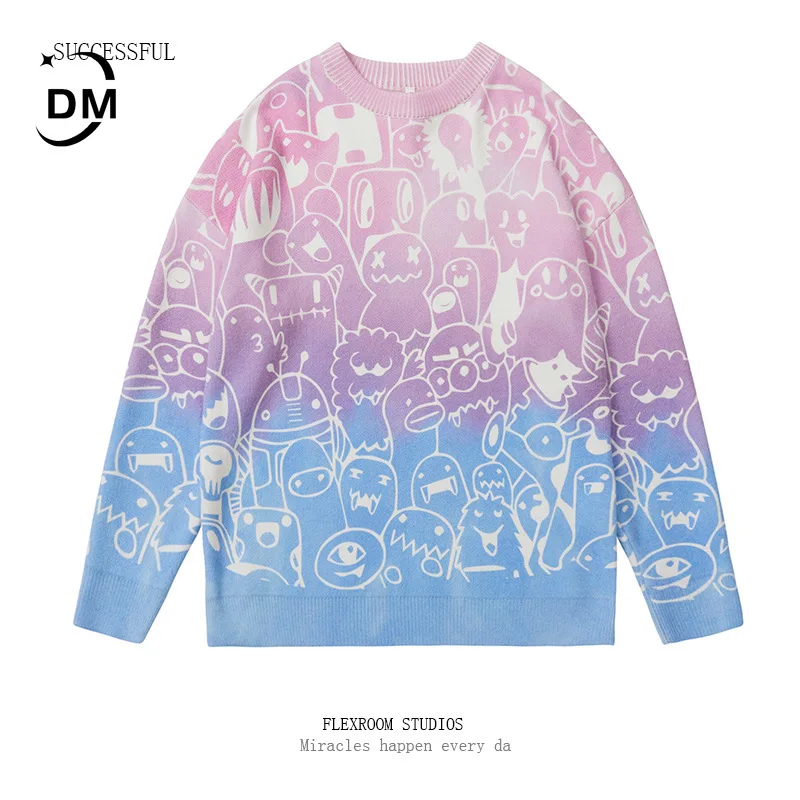 

DM2021 Japanese Cartoon Funny Tie-dye Printed Crew Neck Sweater Men's Trendy Brand Hip-hop Loose Large Size Knitted Top