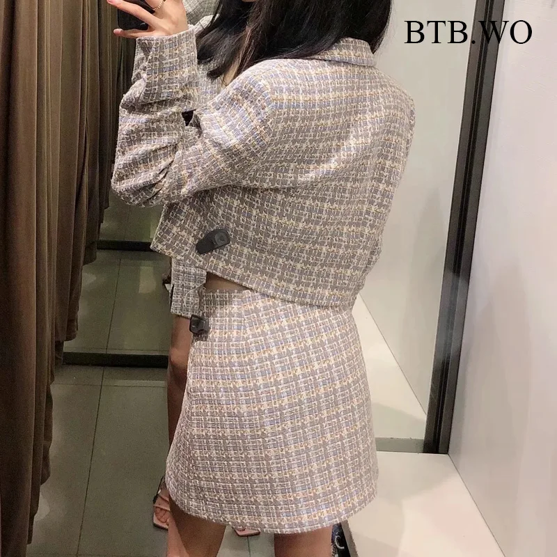 

BTB.WO Women Za Two Pieces Set Fashion Texture Short Casual Blazer Jacket + Midi Skirts Women Office Wear Two Pieces Sets