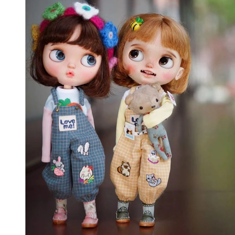 

handmade Cute doll clothes for joint Doll for blyth Hand-made Hand-made baby clothes, embroidered overalls and plaid suit