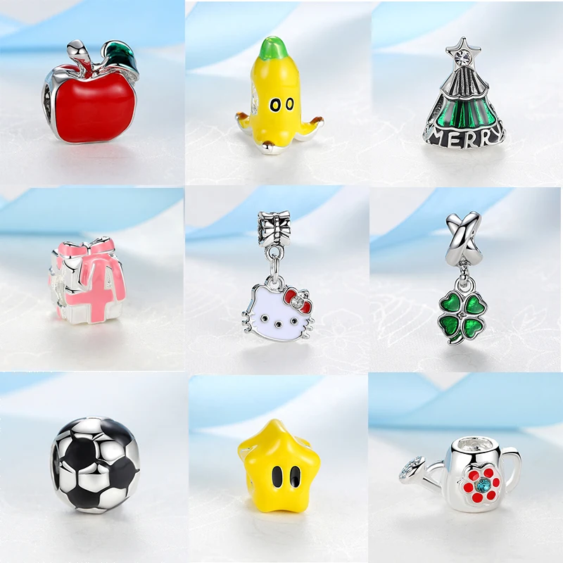 

New Silver Plated Charm Bead Enamel Apple Lucky Clover Dress Pendant Charms Fit Bracelets Necklaces Women DIY Jewelry