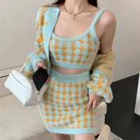plaid womens knitted cardigan short hippocampus sweater coat sexy slim camisole female inner high waist bag hip skirt suit