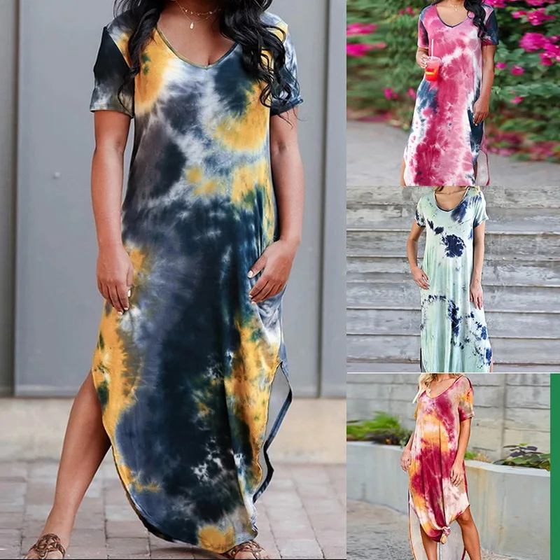 

Women Summer Fashion Dress Tie Dye Print V-neck Short Sleeve Side Split Loose Slim Maxi Long Dress Long Maxi Dress Vestidos