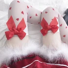 Милые носки выше колена с красным бантом, белые чулки с сердечками, милые прозрачные сексуальные носки в стиле Лолиты, шелковые чулки