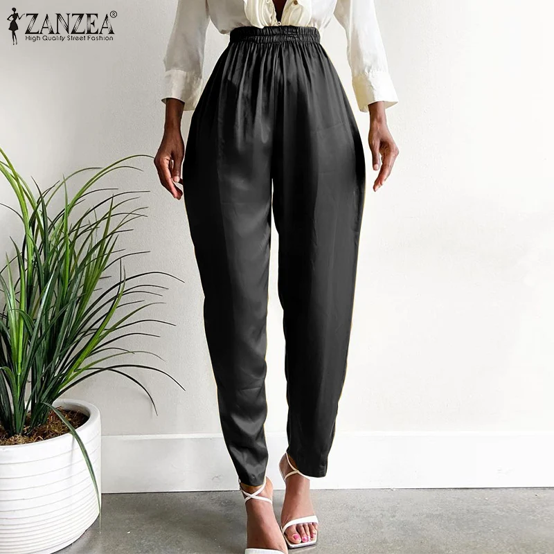 

Брюки ZANZEA Женские повседневные с завышенной талией, модные однотонные брюки-карандаш, винтажные Длинные атласные с завышенной талией, осен...