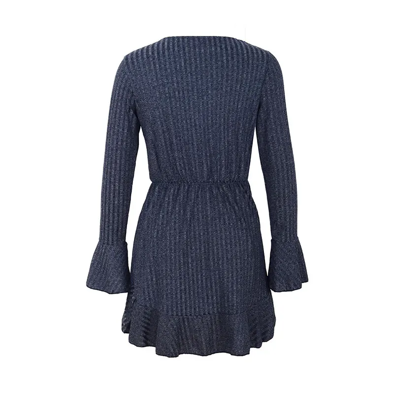 

2021 New Women's Autumn Winter Elegant Fashion Knitted Dress Flare Sleeve Ladies V-neck Solid Full Sleeve Dress