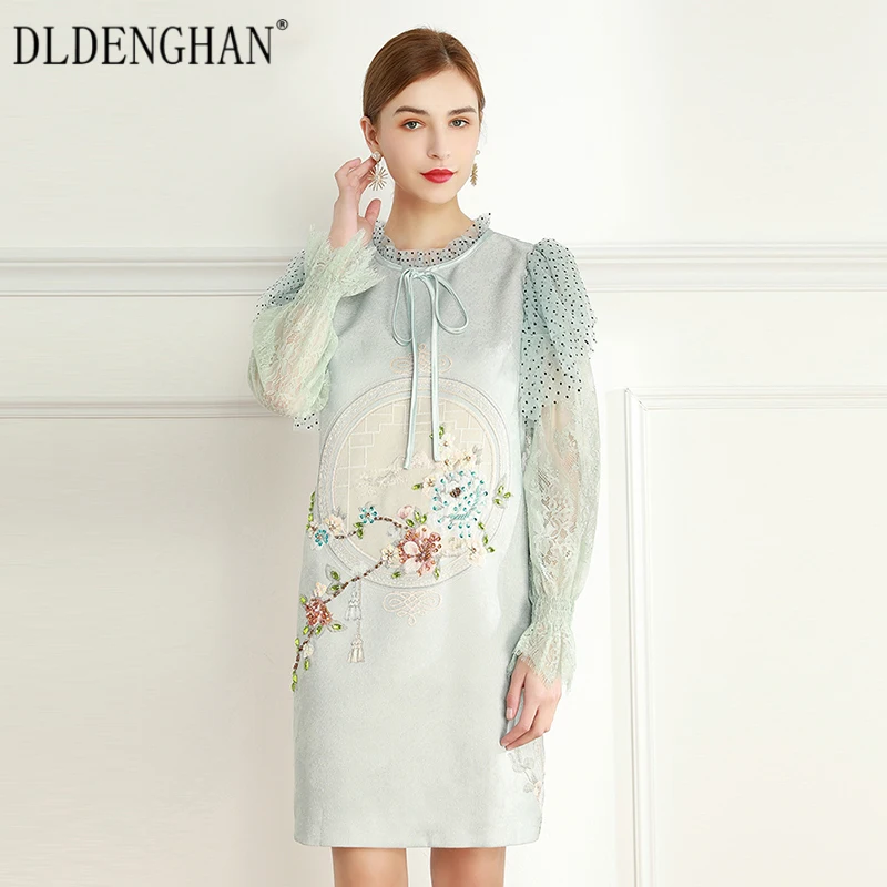 

Модное весеннее жаккардовое платье DLDENGHAN, женские винтажные свободные платья с воротником-стойкой, кружевными оборками и бисером