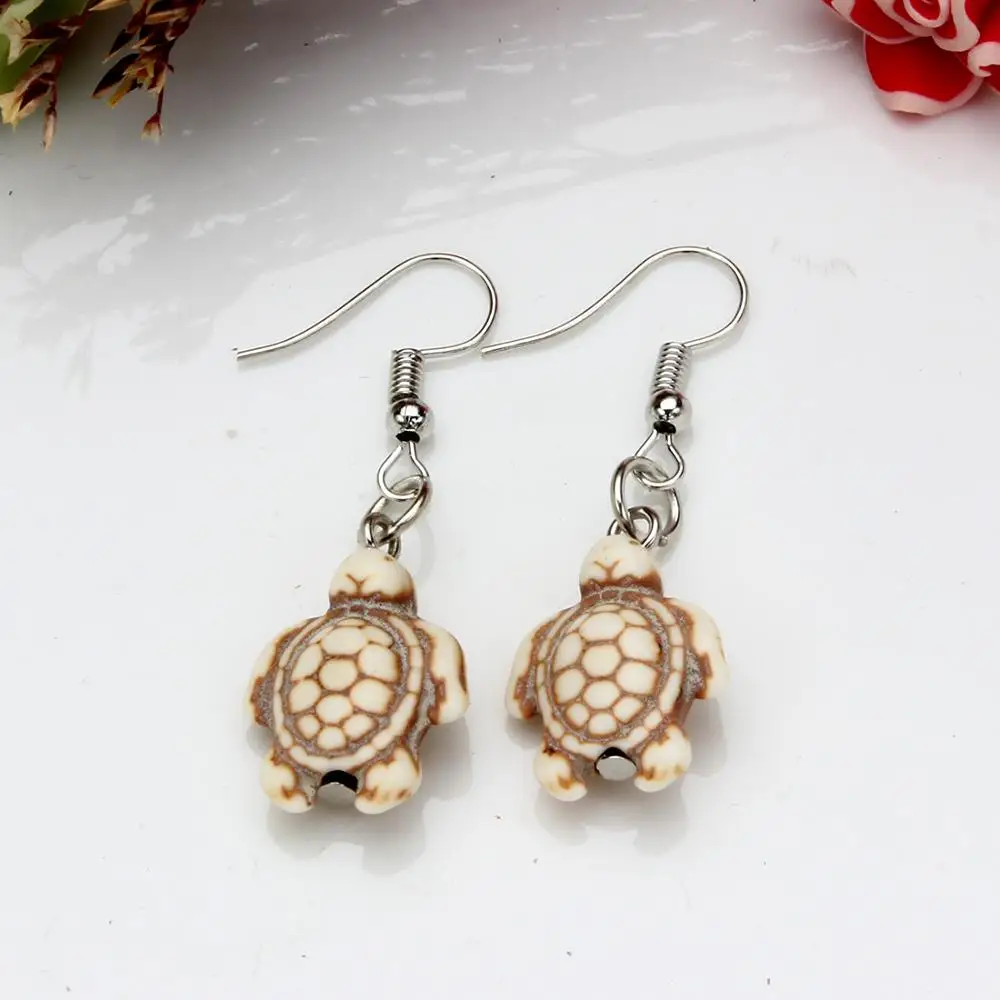 YingWu White Turtle Animal Turquoises Earrings for Women Stone Beads Dangle Earring Silver Tone Hook Jewelry | Украшения и