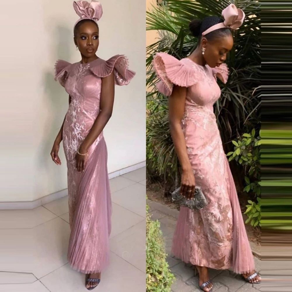 

Sheer Neck Prom Dresses Formal Party Ruffles Tulle Mermaid Gown Arabic Aso Ebi Muslim Lace Applique Evening Dresses Plus Size