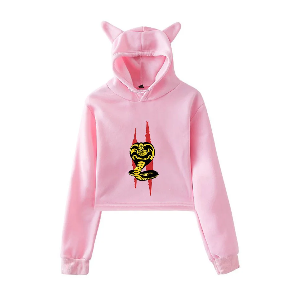 

Детский укороченный топ с капюшоном Кобра Кай для девочек, уличная одежда в стиле хип-хоп, кавайная укороченная толстовка с капюшоном и коша...