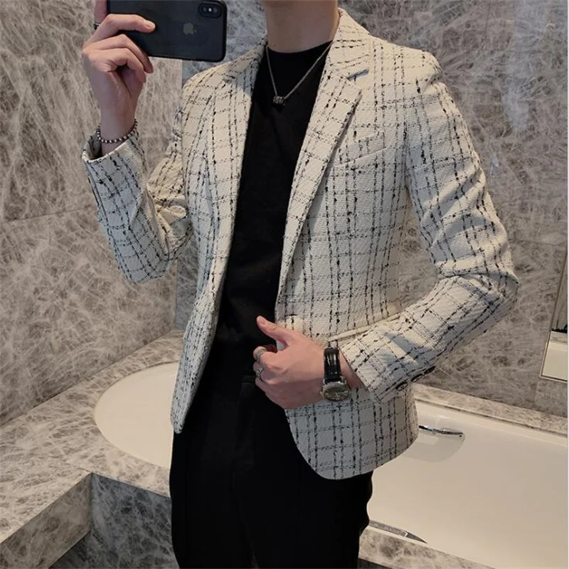 Wholesale spring men's suit 2021 fashion slim korean plaid guy casual jacket trend trajes de novio костюмы ternos masculino luxo