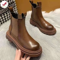 cozok woman winter boots platform pu leather plush warm 2021 new chelsea boots black brown slip on fashion female winter shoes