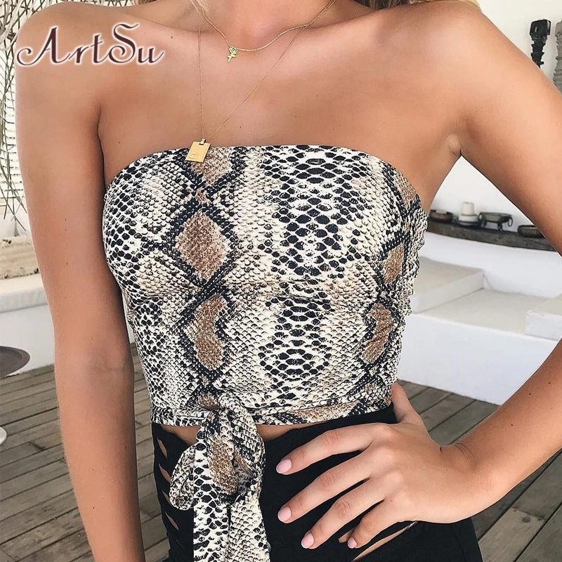 ArtSu Harajuku Crop Top Lace Up Snake Print Strapless Bralette Off Shoulder Sexy Cami Streetwear Cropped Underwear ASVE20568 | Женская