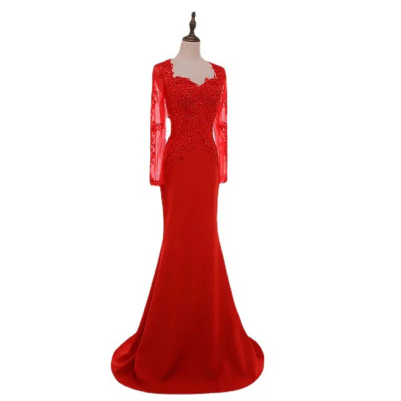 

Red Lace Long Sleeve Evening Dress 2021 Slim Long Mermaid Bride Toast Elegant Temperament Banquet Formal Prom Dress A173