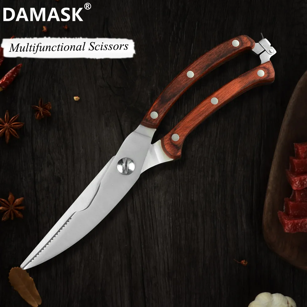 Damask 3Cr14 Stainless Steel Kitchen Scissor Durable Chicken Shear With Color Wood Handle Use for Poultry Meat Fish kitchen Tool