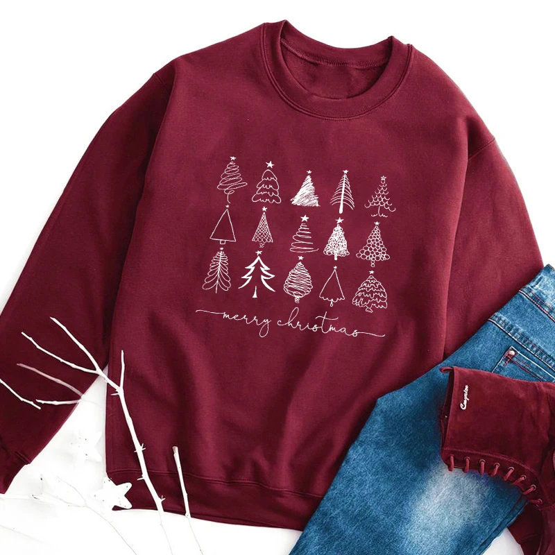 

Merry Christmas Trees Sweatshirt Cute Winter 90s Christmas Gift Pullovers Funny Women Graphic Holiday Sweatshirts Streetwear