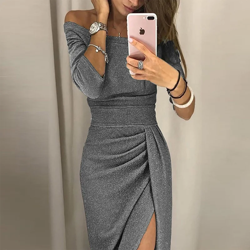 

Spring 2021 Women Off Shoulder Slash Neck Dress Elegant Package Hip Party Dress High Waist Bodycon High Split Sexy Long Dress