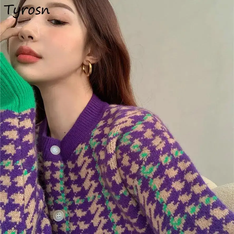 

Women Houndstooth Cardigan Purple All Match Single Breasted O Neck Korean Style Vintage Streetwear Elegant Spring Autumn Casual