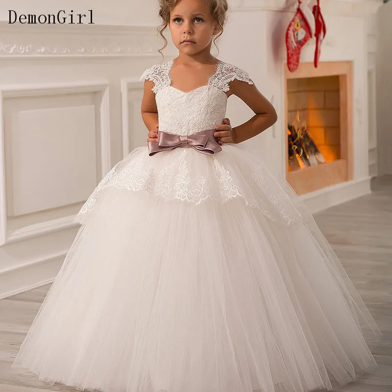 

Ivory White Fluffy Flower Girl Dress for Wedding Lace 5 Layers Tulle Princess First Communion Dress Girls Birthday Gown
