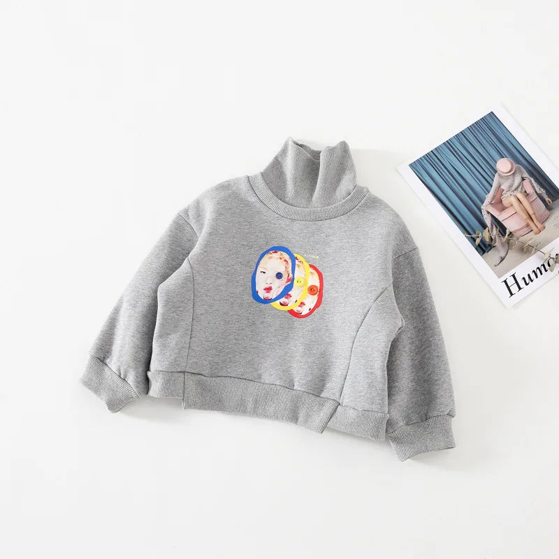 2021 Fall Winter Plus Velvet Kids Baby Girls Sweater Warm Keep High Collar Tops Fashion Print T shirt Children Clothes | Детская одежда