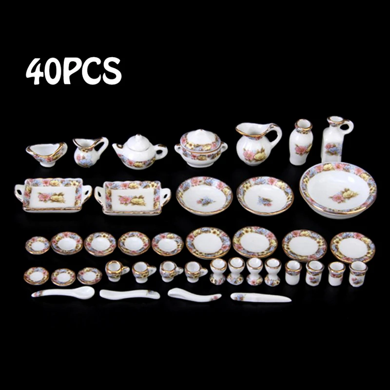 

40Pcs 1:12 Dollhouse Miniature Tableware Porcelain Ceramic Tea Cup Dishes Set Simulation Kitchen Toys