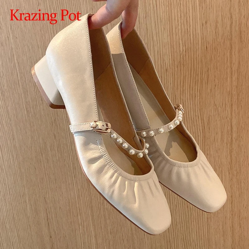 

Krazing Pot/Новые французские романтичные кожаные плиссированные женские туфли-лодочки на среднем тонком каблуке с квадратным носком, украшенн...