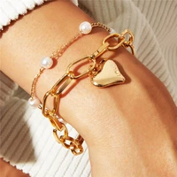 geometric irregular imitation pearls heart rose gold metal link chain bracelets for women girl bangle wedding party jewelry