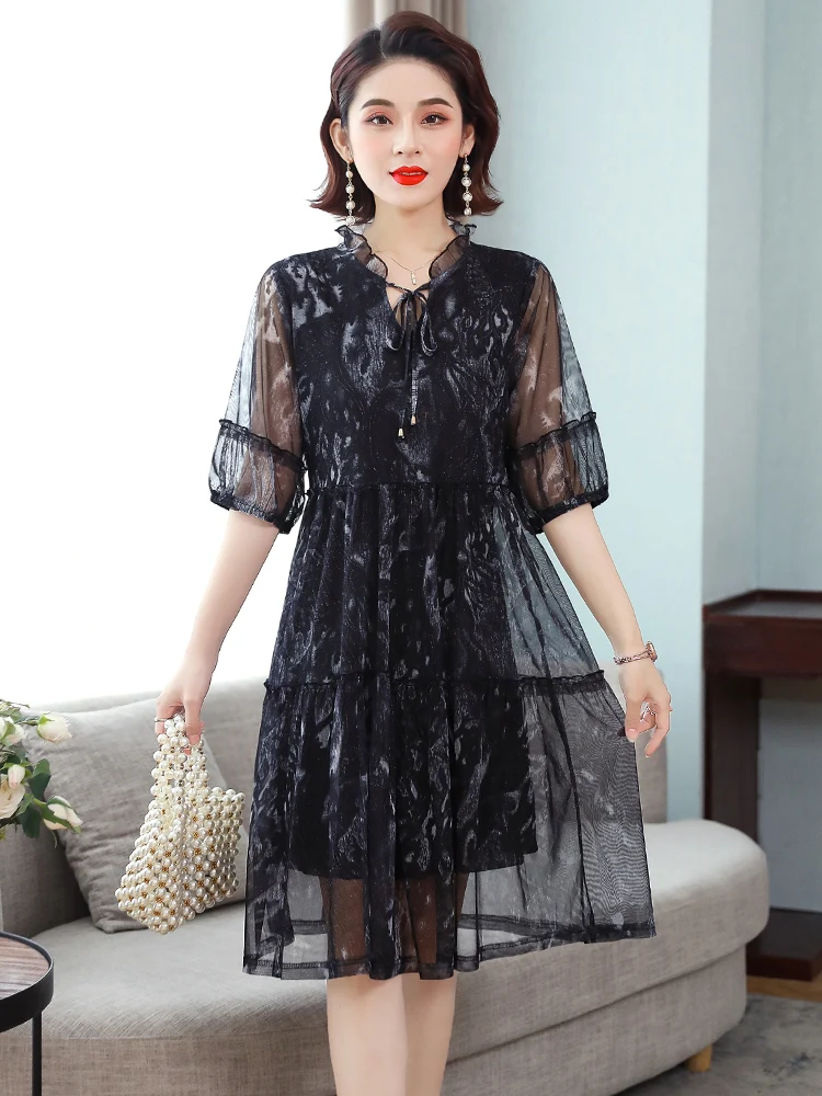 

Women Summer Fashion Floral Dress Mom's Slimming Dress Large Size Loose Cover Belly Hollow Out Comfort Breathe Freely Elegant