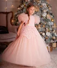 Розовые пышные платья для девочек с цветочным рисунком, платье с драгоценным вырезом для девочек, элегантное пышное платье принцессы, рождественские платья