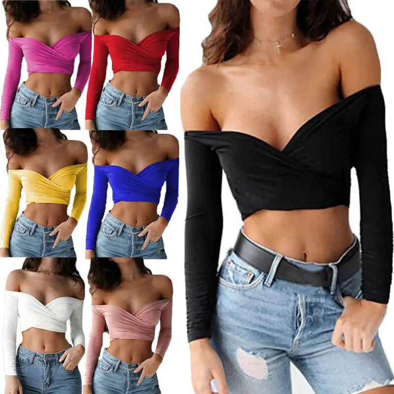 Летняя модная женская блузка с открытыми плечами Укороченная рубашка v образным