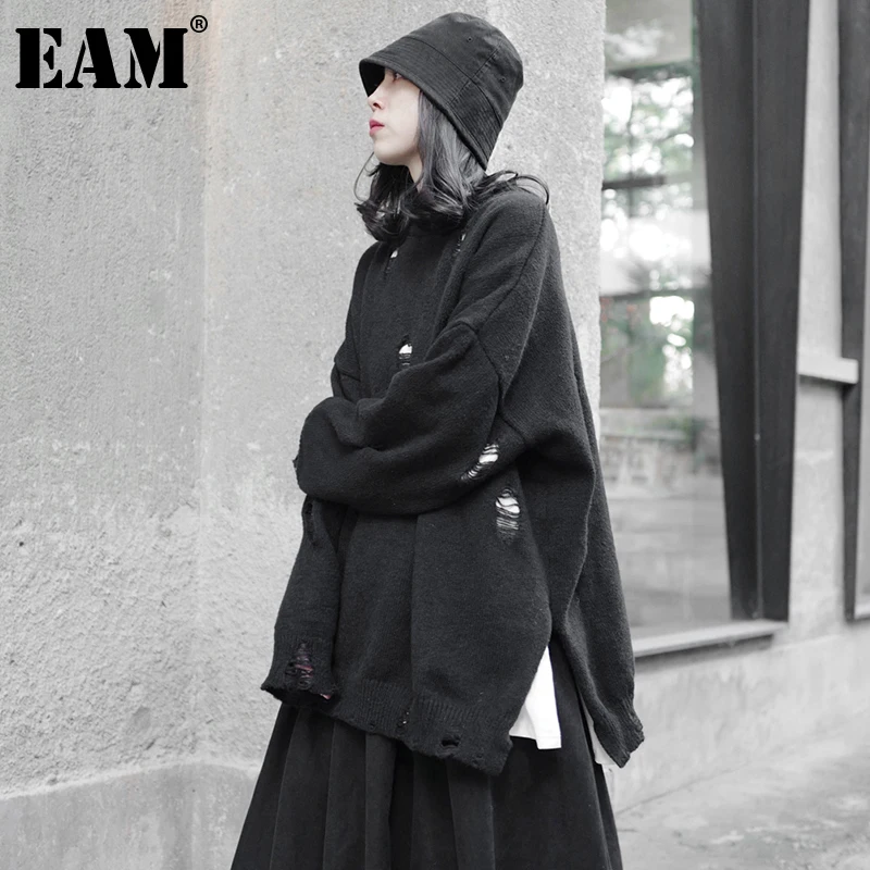 

[EAM] Gray Holes Big Size Knitting Sweater Round Neck Long Sleeve Women Pullovers New Fashion Tide Autumn Winter 2022 1DE5855