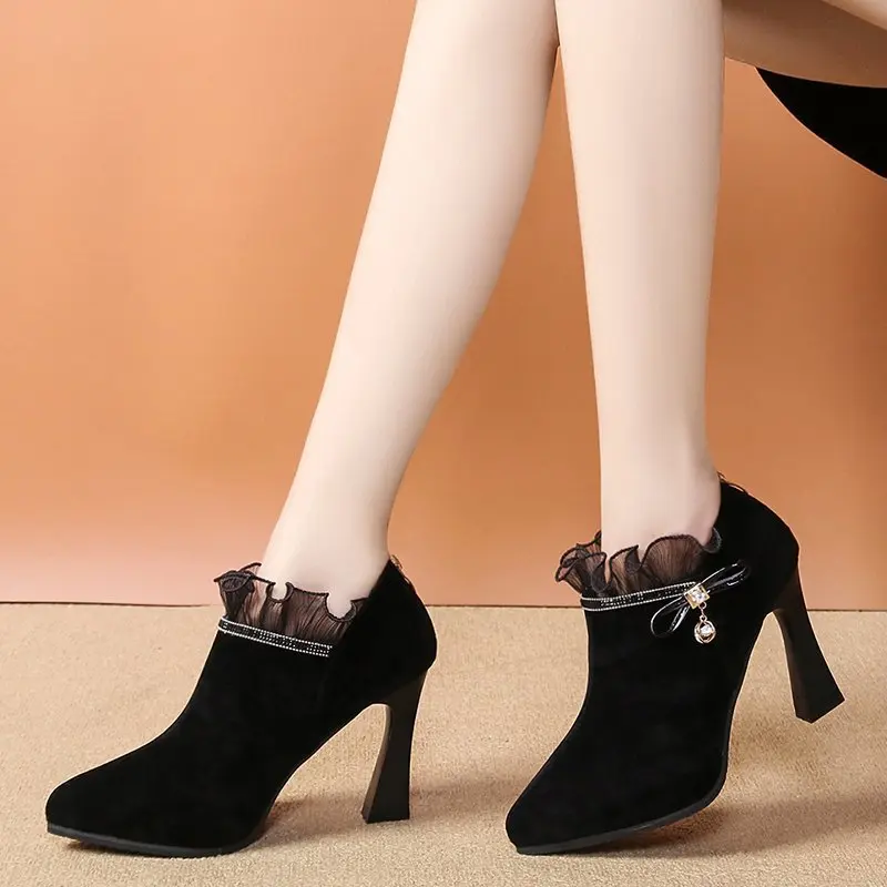 2020 Winter Women Bare Boots Super High Heels Dress Shoes Black Crystal Lace Pumps Pointed Toe Booties Ladies Red 8435C | Обувь