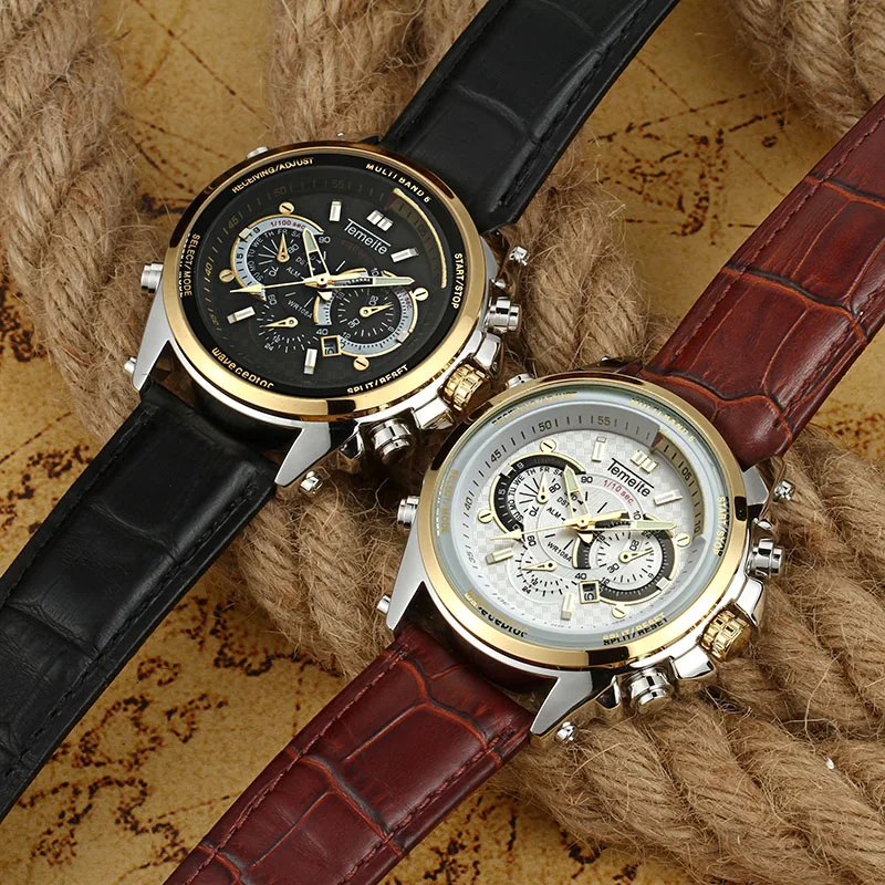 TEMEITE Спортивные Повседневные кварцевые часы для мужчин с кожаным ремешком