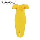 Женские вечерние платья TWOTWINSTYEL, желтое платье с открытыми плечами и оборками на рукавах, высокая талия, 2021