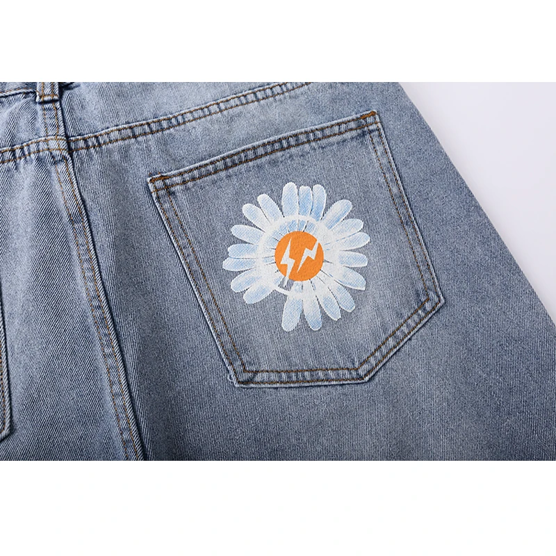 

Peaceminusone Jeans Men Women High Quality G-DRAGON Fragment Trousers Peaceminusone Back Pocket Daisy Logo Print Straight Pants