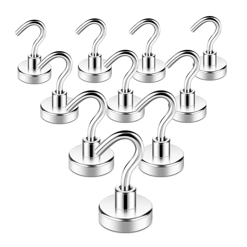 

10 Pcs Super Strong Neodymium Magnet Hooks Duty Wall Magnetic Hook Hanger Key for Hanging Home Kitchen Refrigerator magnet hook