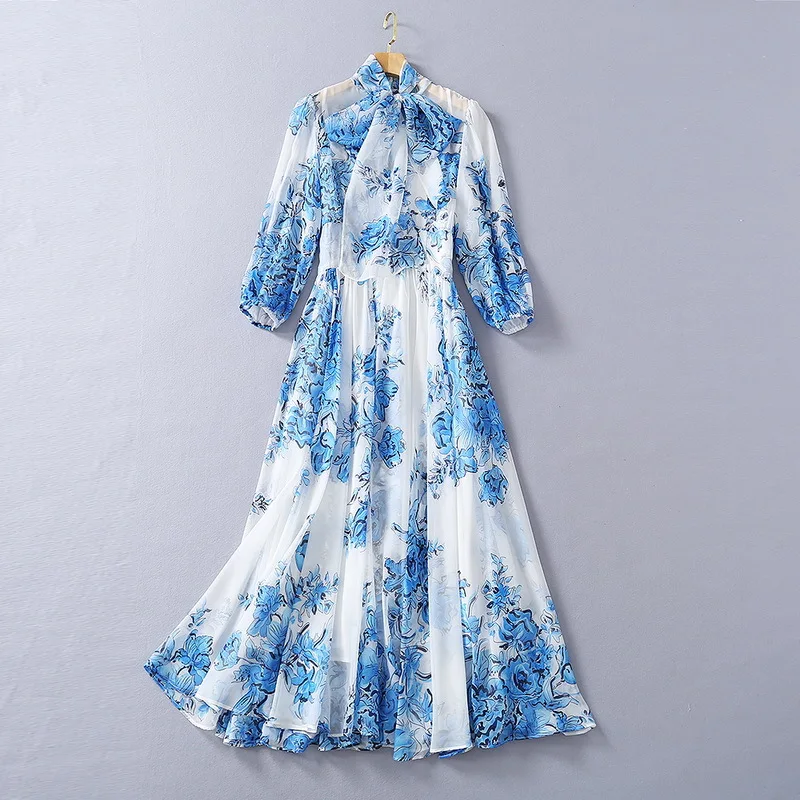 European and American women's clothing 2021  New Style for Spring  Three-quarter sleeve bow collar blue print  Fashion dress