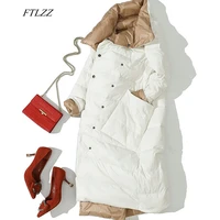 ftlzz women double side long jacket winter ultra light white duck down parka breasted plus size 3xl female outwear