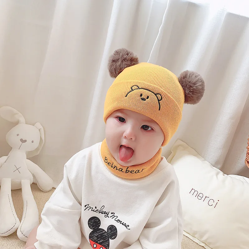2Pcs Toddler Winter Hat Baby Girls Boys Cute Cartoon Warm Knitted Wool Hemming Beanie Cap+Scarf Keep Set Kids Scarf |