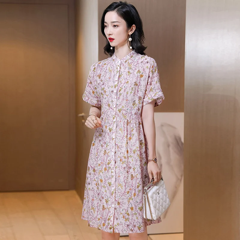 

Crepe Hangzhou De Chine Silk Dress Mid Summer Long 2021 New Loose Mulberry Silk Single Breasted Summer Dress